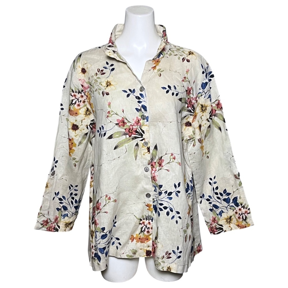 John Mark Wire Collar Tunic Multicolor Roll up Sleeve Women XL Artist 100% Linen - Picture 2 of 10